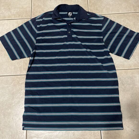 FootJoy Performance Men's Medium Golf Polo Short Sleeve Blue White Striped Shirt - Picture 2 of 5